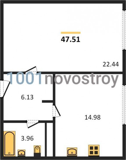Однокомнатная квартира 47.51 м²