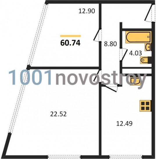 Двухкомнатная квартира 60.74 м²