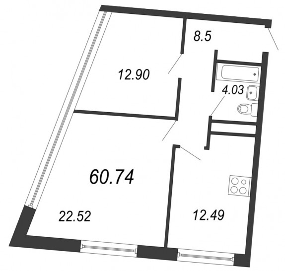 Двухкомнатная квартира 60.74 м²
