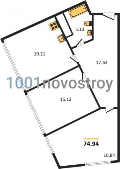 Двухкомнатная квартира 74.94 м²