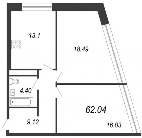 Двухкомнатная квартира 62.04 м²